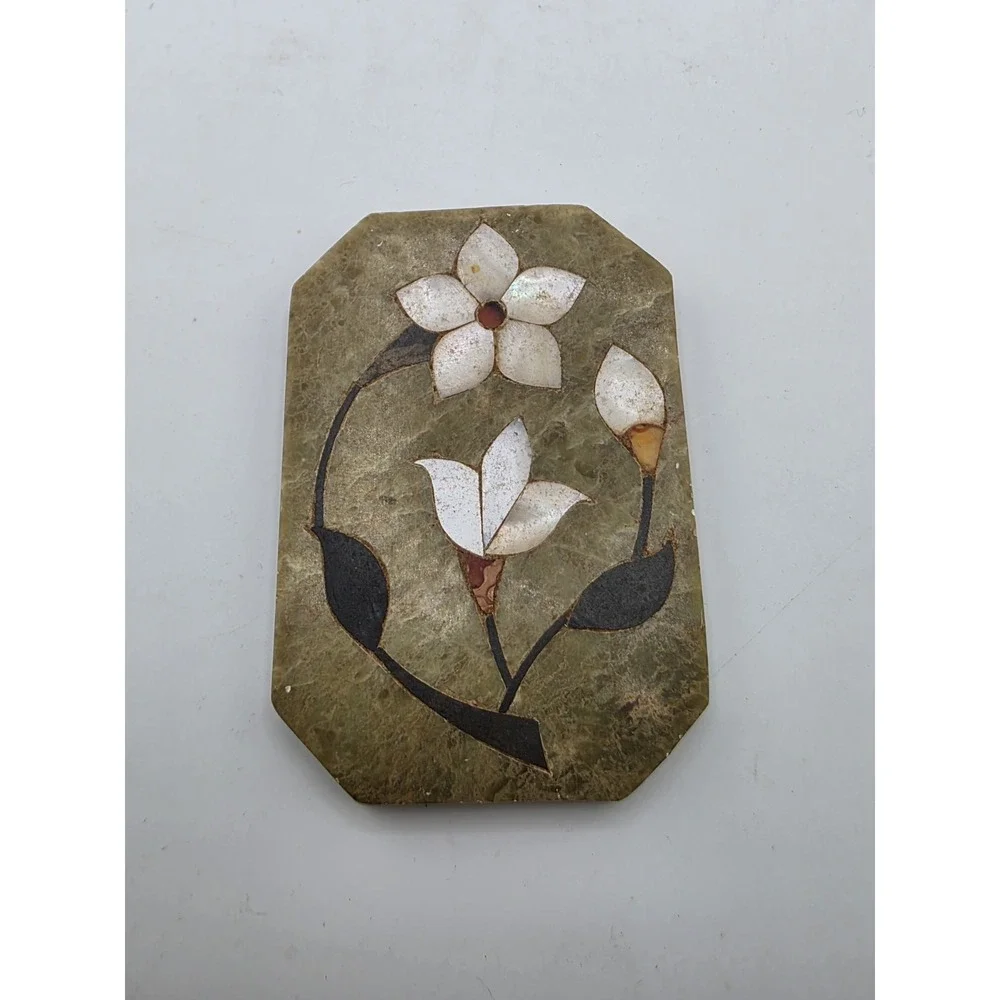 Vintage‎ Indian Soapstone Trinket Box Floral Inlay Hand Carved SERRV Decor